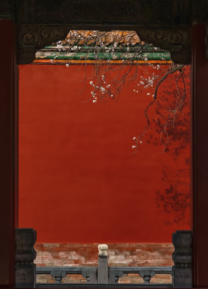 Plum blossoms against traditional Chinese red walls — the 40-day postpartum tradition spans centuries and cultures