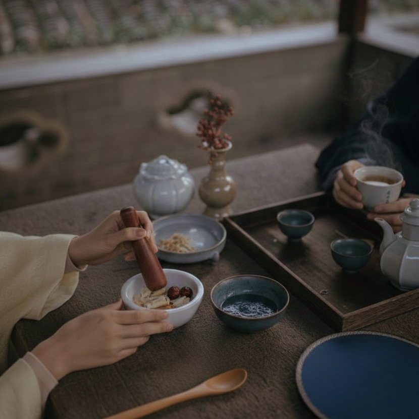 Hands carefully preparing and serving traditional Chinese tea — the attentive care a confinement nanny provides
