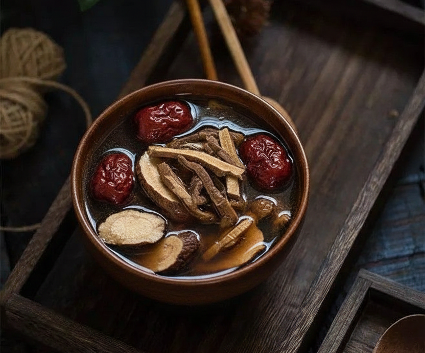 A bowl of traditional Chinese herbal soup with red dates and goji berries — warming postpartum nourishment