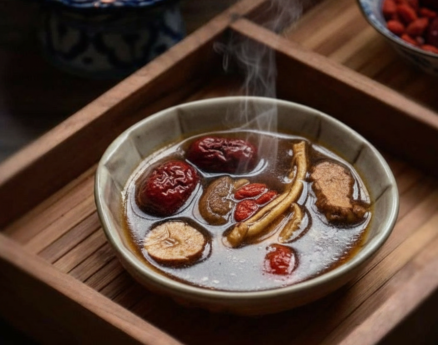 Steaming confinement herbs including red dates and dried roots in a traditional bowl — warming ingredients central to the confinement diet