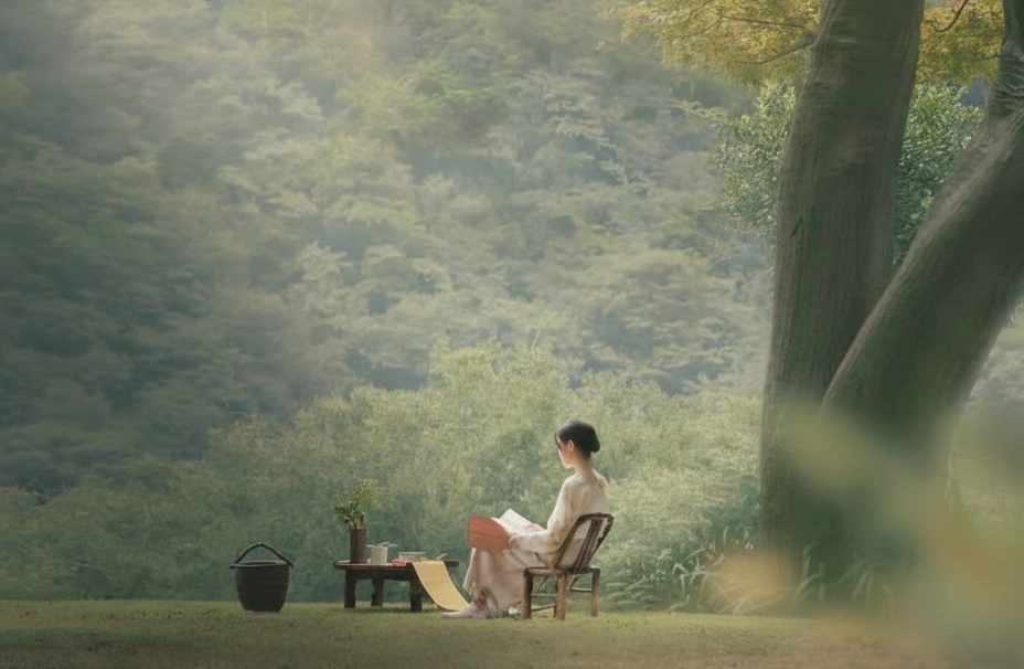 A mother resting peacefully outdoors — rest is a cornerstone of postpartum recovery