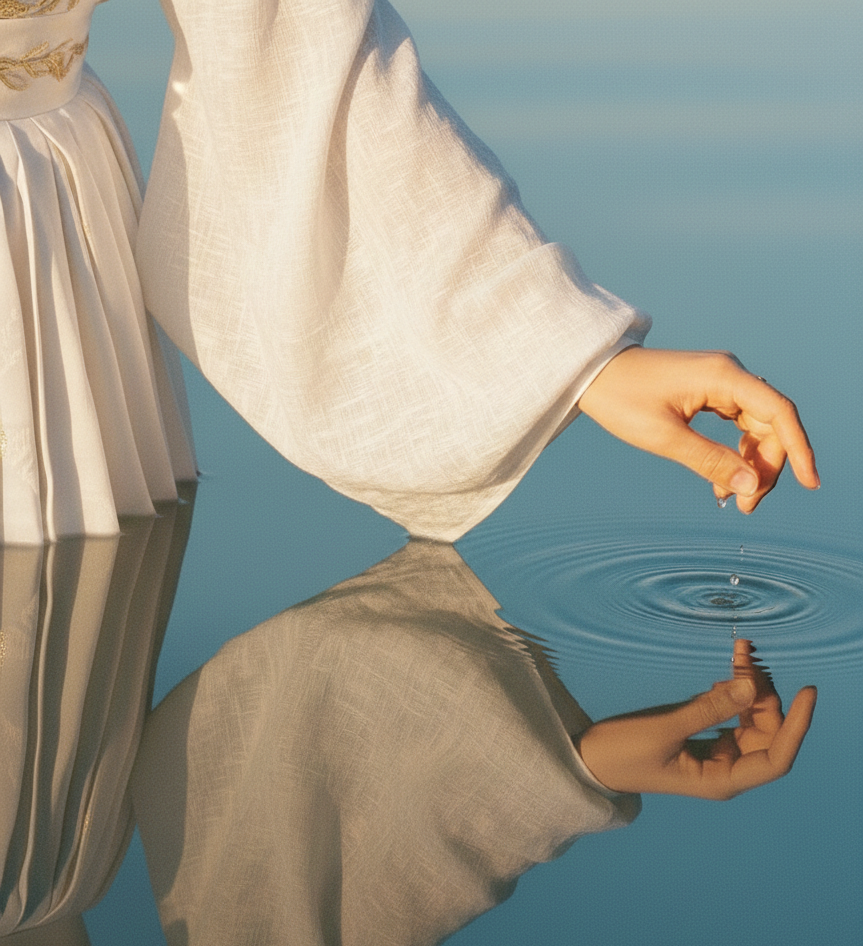 A hand gently touching still water — setting boundaries during confinement protects a mother's peace