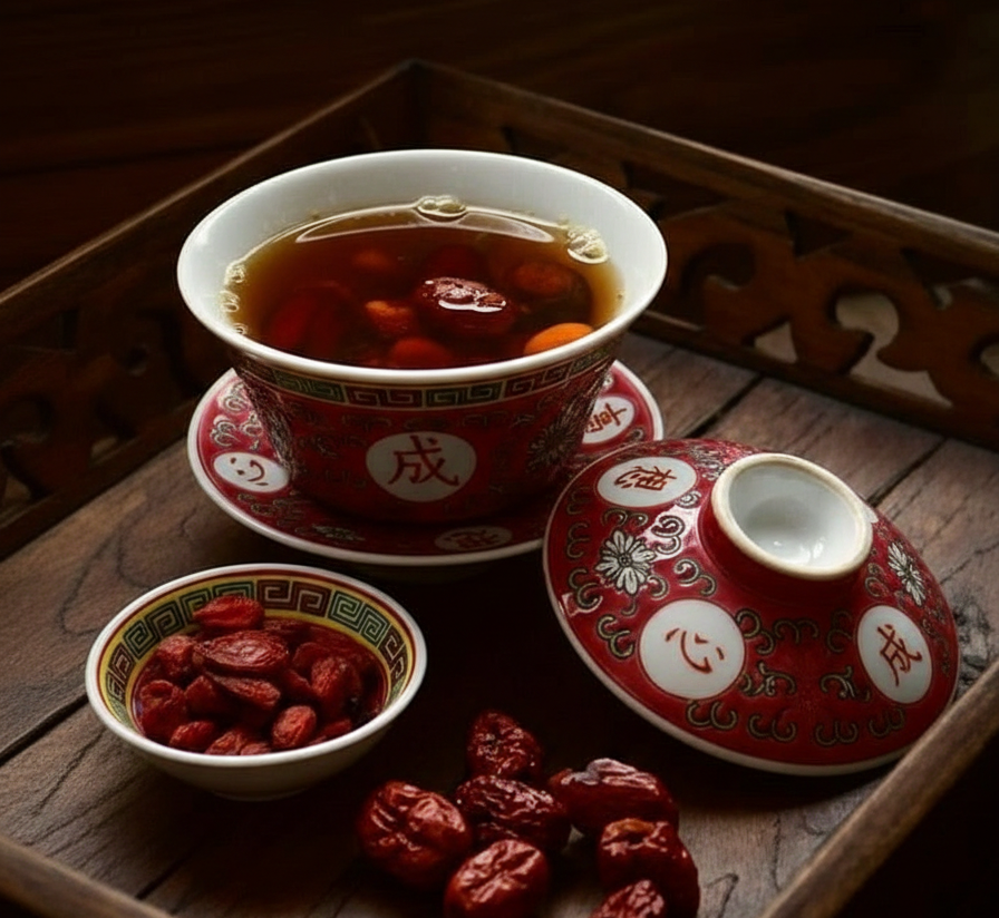 A traditional Chinese tea bowl filled with red date tea on a wooden tray — a classic confinement preparation