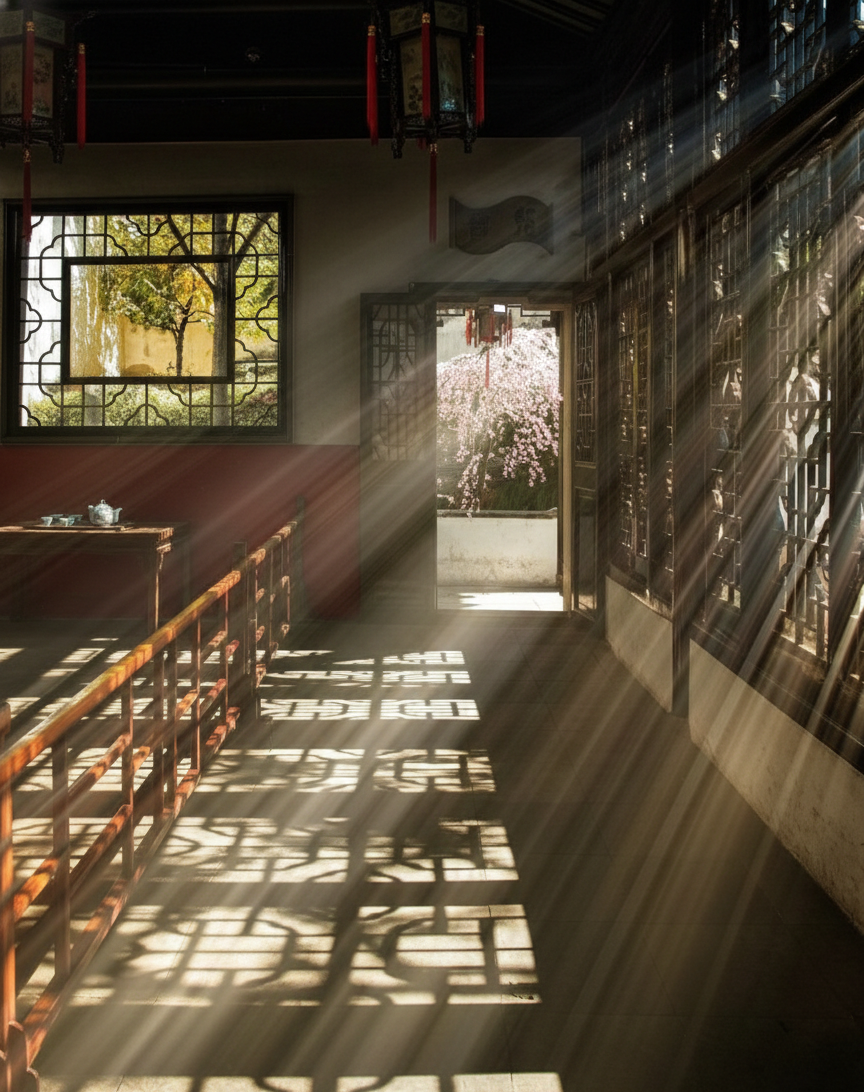 Sunlight streaming through traditional Chinese lattice screens — confinement is rooted in centuries of cultural heritage
