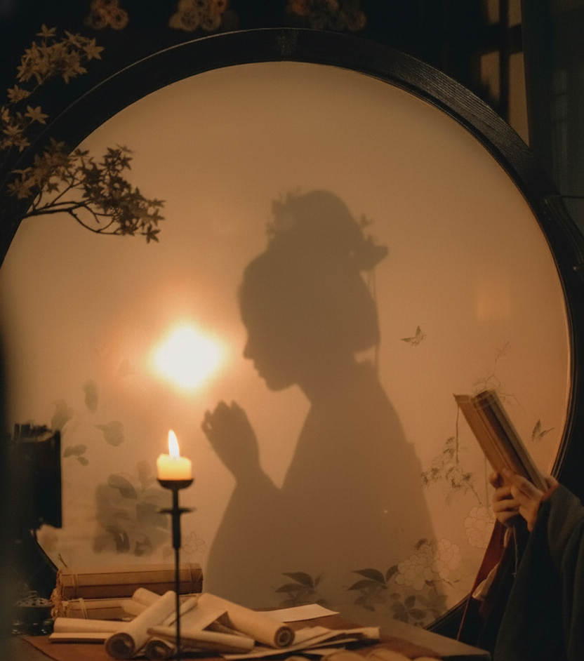 A woman's silhouette behind a round window illuminated by candlelight — postpartum recovery unfolds gradually over many months