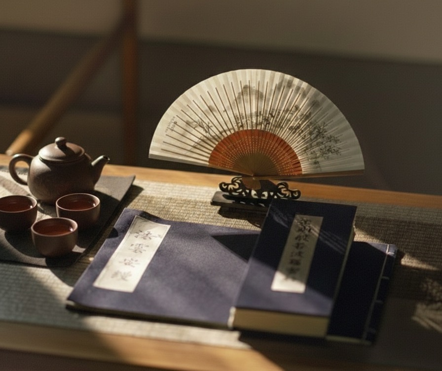 Traditional Chinese tea set arranged on a wooden tray — tea is central to confinement nourishment
