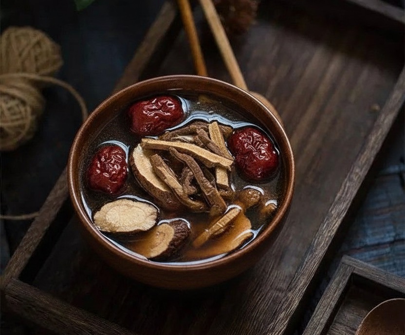 A bowl of traditional Chinese confinement herbal soup with red dates, goji berries, and warming herbs